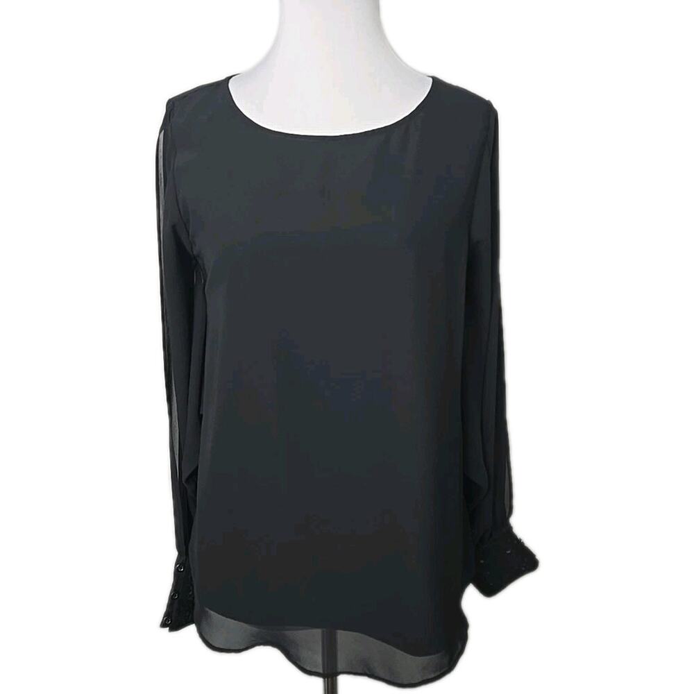 Jennifer Lopez Black Chiffon Sheer Sleeve Sequin Cuff‎ Blouse Size Small